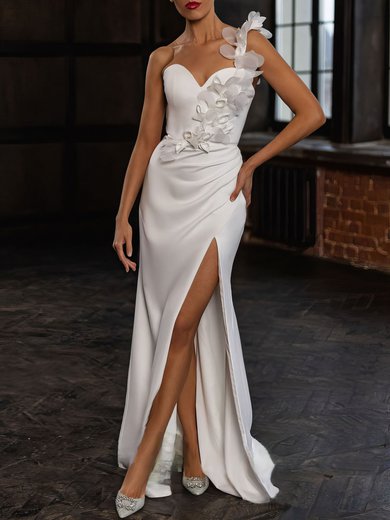 Sheath/Column One Shoulder Stretch Crepe Sweep Train Wedding Dress #Milly00027070