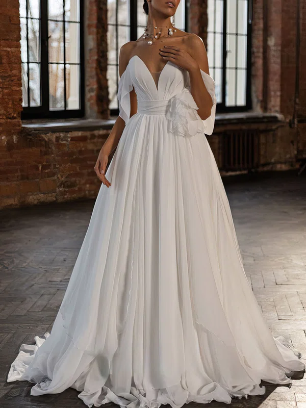 Ball Gown V-neck Chiffon Court Train Wedding Dress #Milly00027072