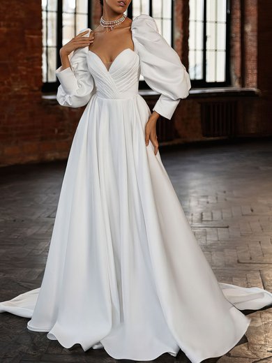 Ball Gown V-neck Satin Chapel Train Wedding Dress #Milly00027075