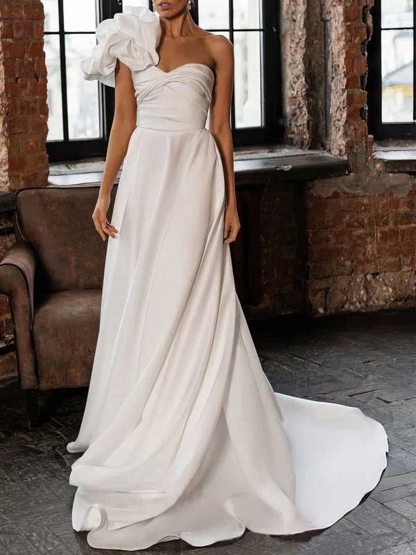 A-line Sweetheart Satin Chapel Train Wedding Dress #Milly00027076