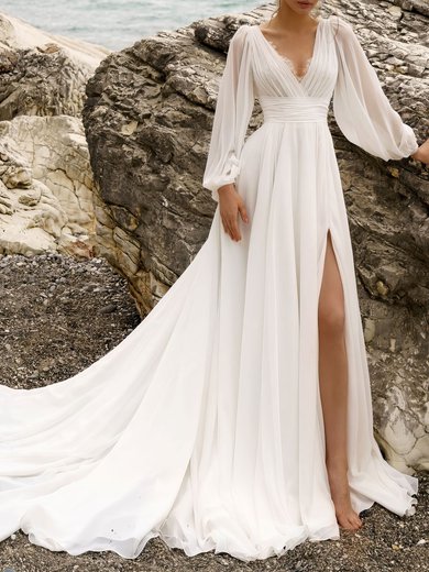 A-line V-neck Chiffon Watteau Train Wedding Dress #Milly00027183