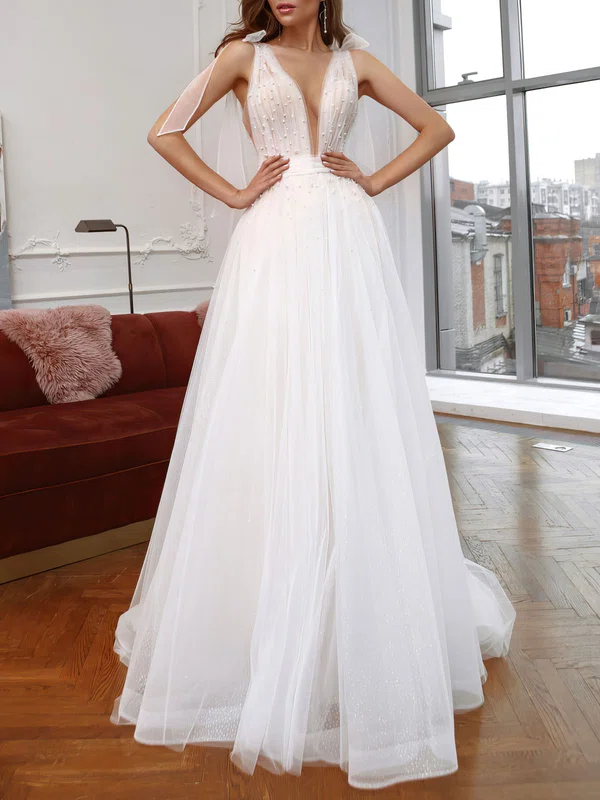 Ball Gown/Princess V-neck Tulle Chapel Train Wedding Dress #Milly00027188