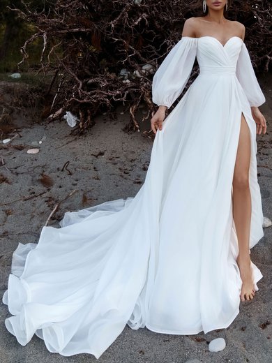 A-line Off-the-shoulder Chiffon Chapel Train Wedding Dress #Milly00027194