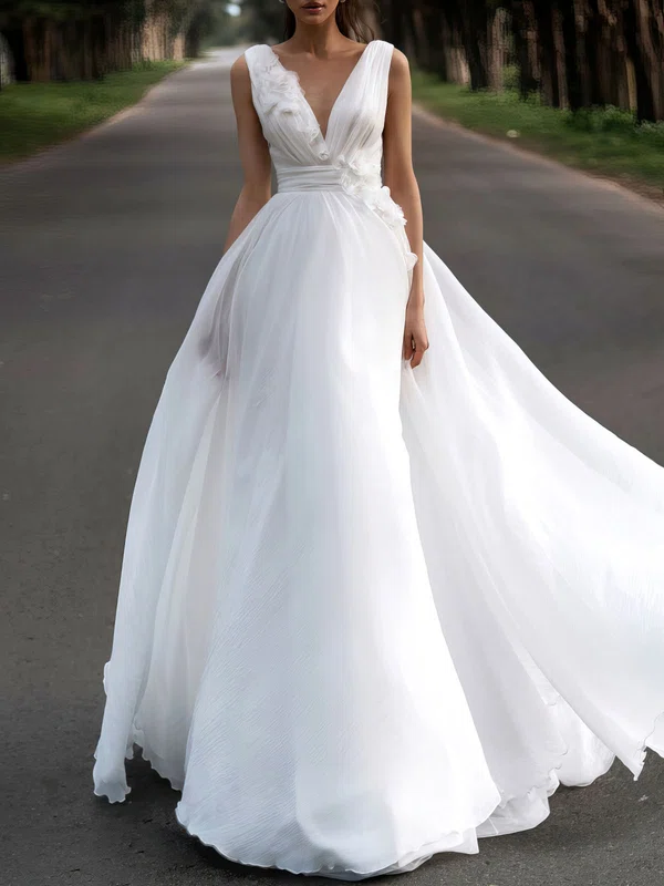 Ball Gown/Princess V-neck Chiffon Chapel Train Wedding Dress #Milly00027196