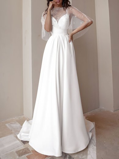 A-line V-neck Satin Chapel Train Wedding Dress #Milly00027202