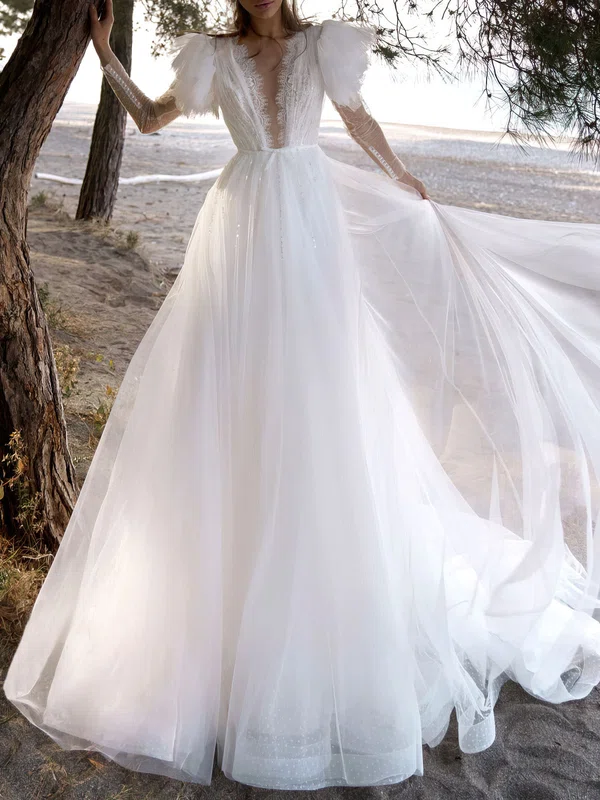 Ball Gown/Princess Illusion Lace Tulle Chapel Train Wedding Dress #Milly00027204