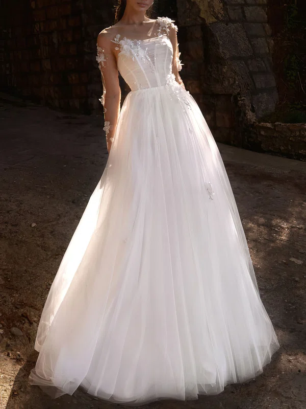 Ball Gown/Princess Illusion Tulle Chapel Train Wedding Dress #Milly00027210