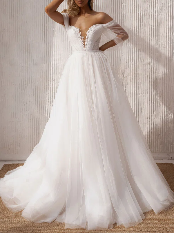 Ball Gown/Princess Off-the-shoulder Tulle Chapel Train Wedding Dress #Milly00027211