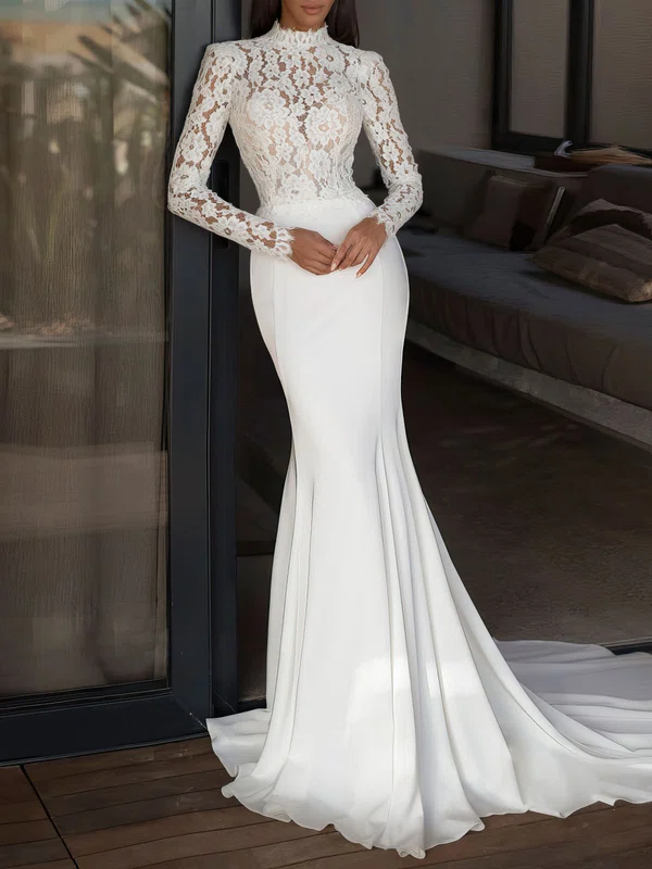 Trumpet/Mermaid Cowl Neck Lace Stretch Crepe Court Train Wedding Dress #Milly00027215