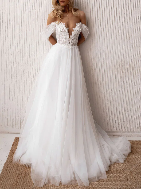 Ball Gown/Princess Off-the-shoulder Tulle Chapel Train Wedding Dress #Milly00027219