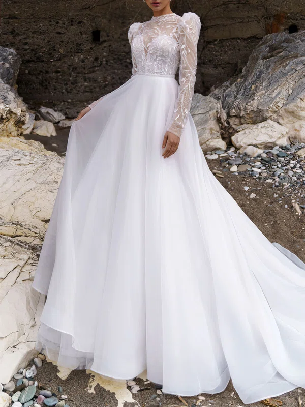 A-line High Neck Lace Tulle Chapel Train Wedding Dress #Milly00027224