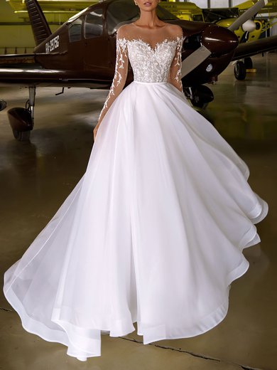 A-line Illusion Chiffon Chapel Train Wedding Dress #Milly00027229