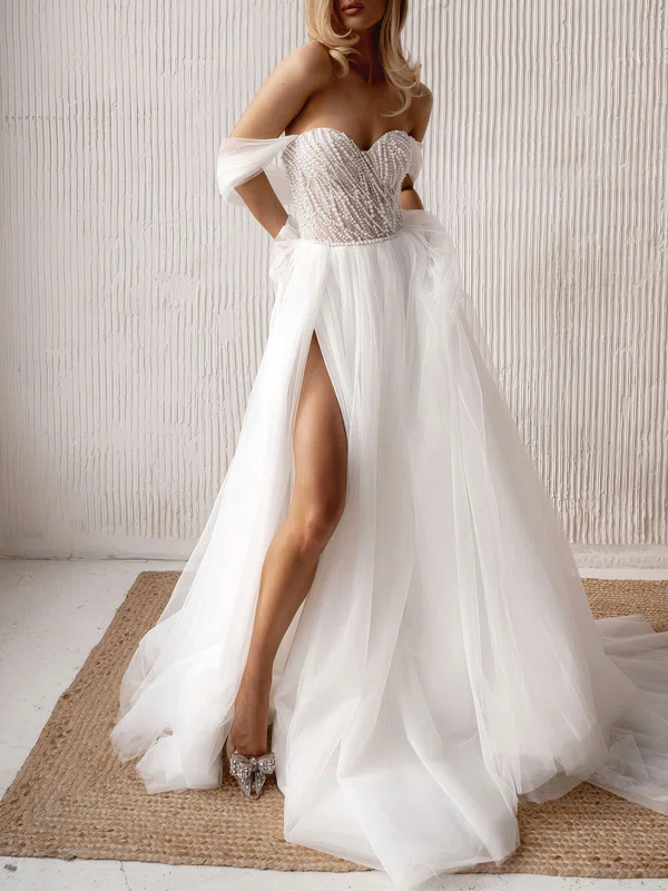 Ball Gown/Princess Off-the-shoulder Tulle Chapel Train Wedding Dress #Milly00027230