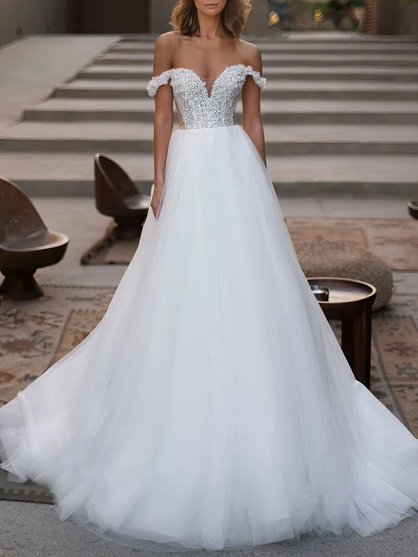 Ball Gown/Princess Off-the-shoulder Tulle Chapel Train Wedding Dress #Milly00027235