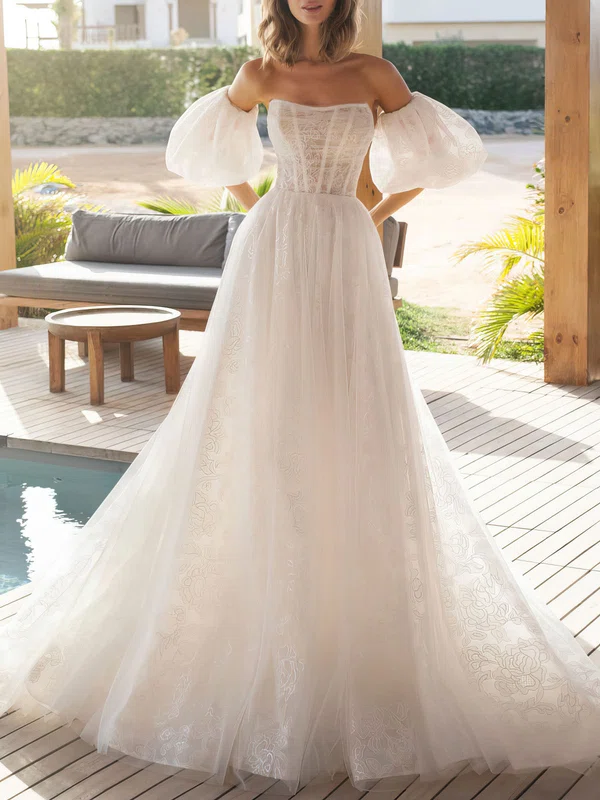 Ball Gown/Princess Straight Lace Tulle Chapel Train Wedding Dress #Milly00027248