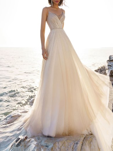 A-line V-neck Tulle Glitter Chapel Train Wedding Dress #Milly00027251