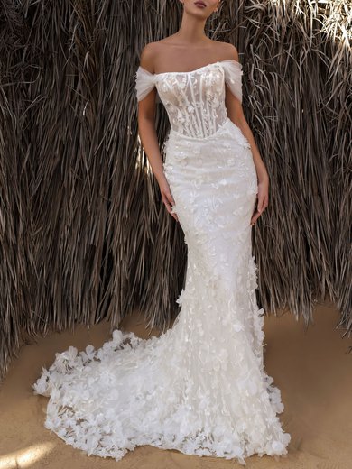 Trumpet/Mermaid Off-the-shoulder Lace Chapel Train Wedding Dress #Milly00027254