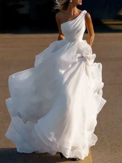 Ball Gown/Princess One Shoulder Organza Chapel Train Wedding Dress #Milly00027279