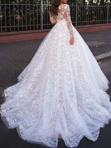 Ball Gown/Princess Illusion Lace Tulle Watteau Train Wedding Dress #Milly00027285