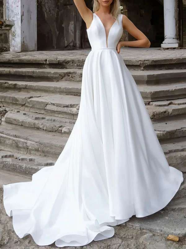 Ball Gown/Princess V-neck Satin Chapel Train Wedding Dress #Milly00027292