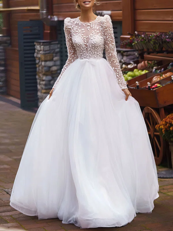 Ball Gown/Princess Illusion Lace Tulle Chapel Train Wedding Dress #Milly00027296