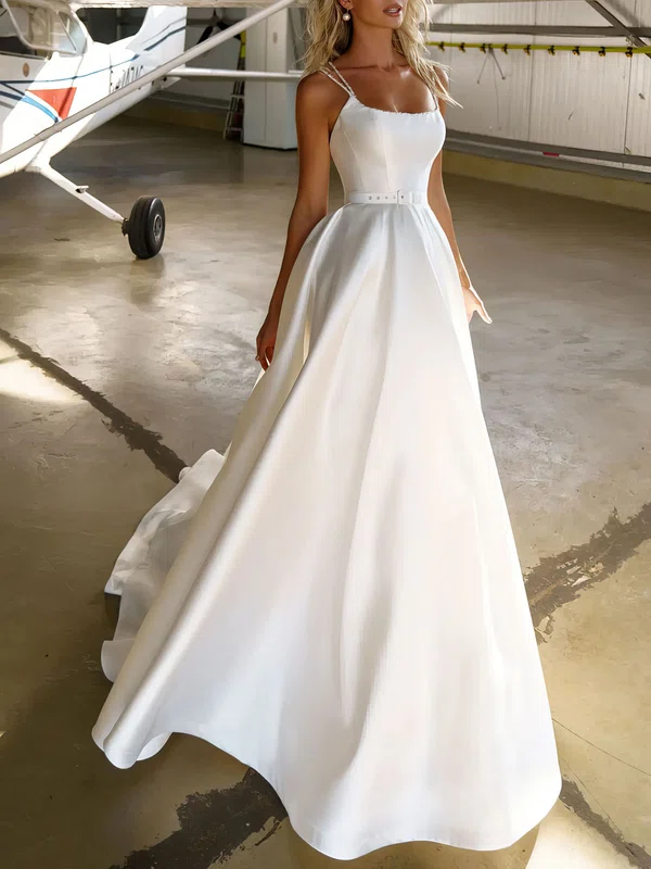 Ball Gown/Princess Square Neckline Satin Chapel Train Wedding Dress #Milly00027297