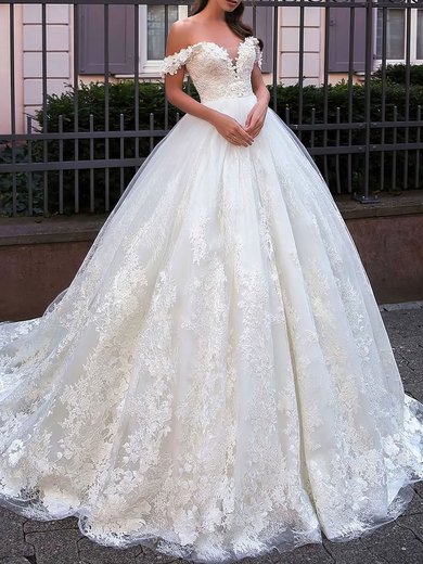 Ball Gown/Princess Off-the-shoulder Lace Tulle Chapel Train Wedding Dress #Milly00027304