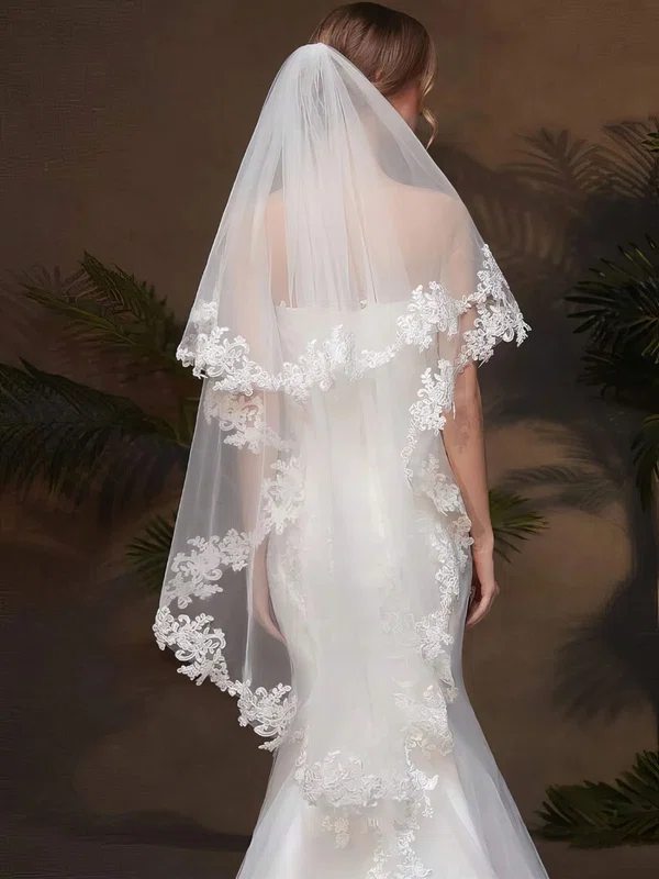 Fingertip Bridal Veils Two-tier Lace Applique Edge #Milly03010280