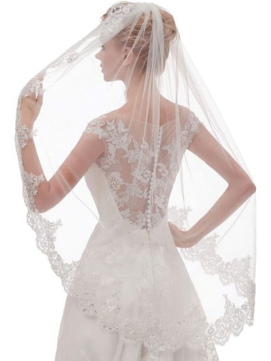 Fingertip Bridal Veils One-tier Lace Applique Edge #Milly03010296