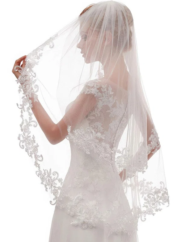 Fingertip Bridal Veils Two-tier Lace Applique Edge #Milly03010297