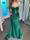 Mermaid V-neck Satin Beaded Prom Dresses With Ruched #Milly020126287