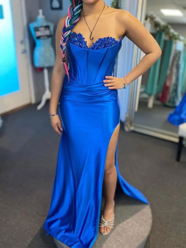 Sheath/Column Strapless Satin Corset Prom Dresses With Ruched #Milly020126298