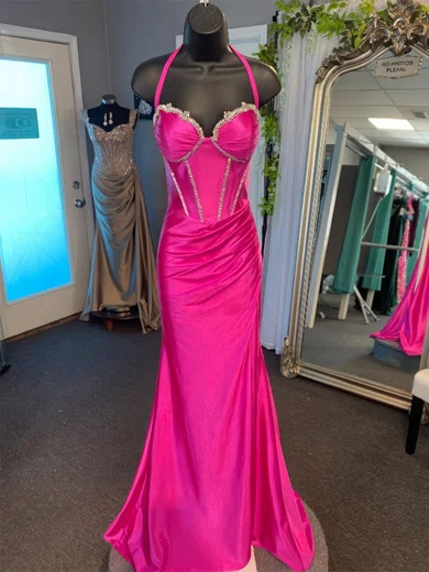 Sheath/Column Halter Satin Corset Prom Dresses With Beading #Milly020126302