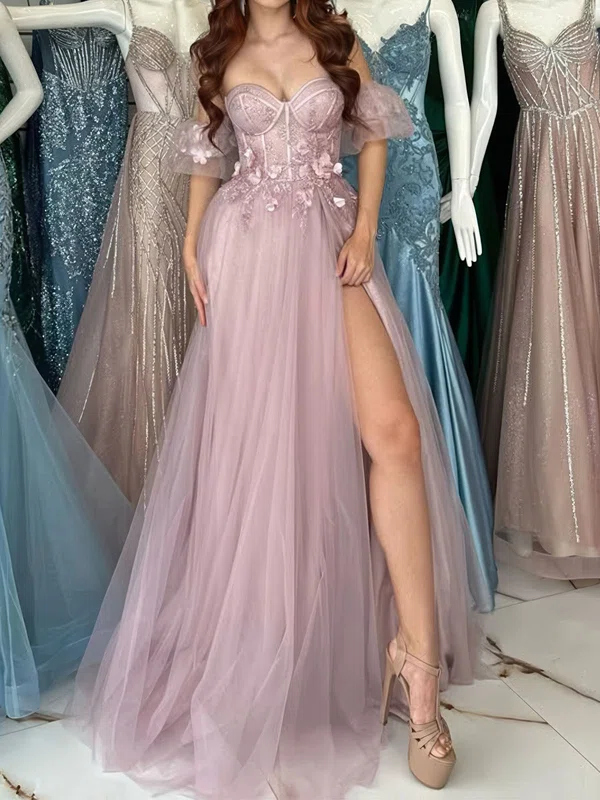 Ball Gown Strapless Tulle 3D Floral Prom Dresses With Puff Sleeve #Milly020126312