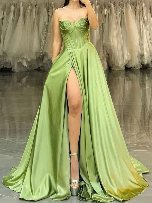 A-line Strapless Satin Corset Prom Dresses With Ruched #Milly020126319