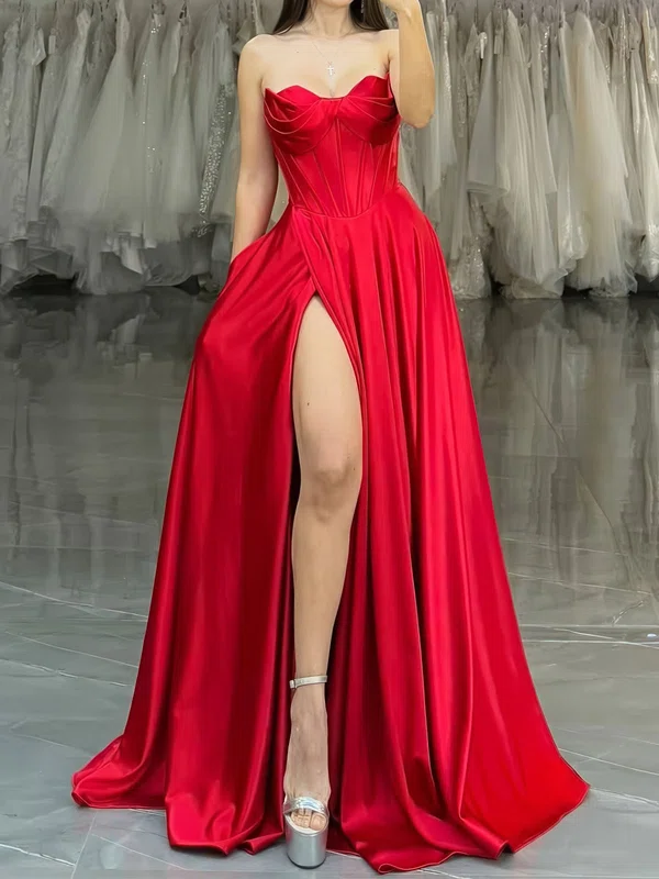 Red A-line Strapless Satin Corset Prom Dresses With Ruched #Milly020126320