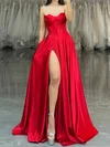 Red A-line Strapless Satin Corset Prom Dresses With Ruched #Milly020126320