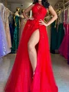 Red Ball Gown One Shoulder Tulle Prom Dresses With Appliques #Milly020126335