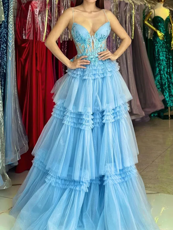 Ball Gown V-neck Tulle Tiered Prom Dresses With Appliques #Milly020126338