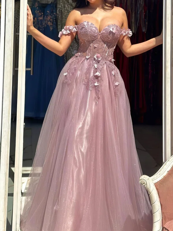 Ball Gown Off-the-shoulder Tulle 3D Floral Prom Dresses With Appliques #Milly020126343