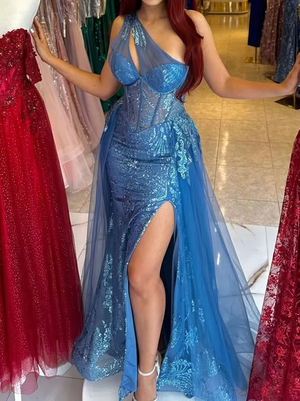 Sheath/Column One Shoulder Sparkly Sequin Tulle Prom Dresses #Milly020126348