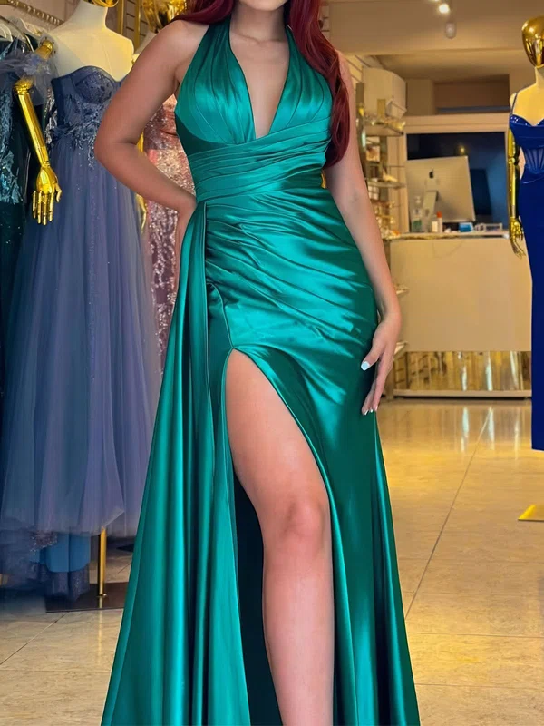 Sheath/Column Halter Satin Prom Dresses With Ruched #Milly020126350