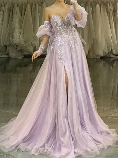 A-line Strapless Tulle Long Sleeves Prom Dresses With Appliques #Milly020126352