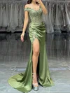 Sheath/Column Off-the-shoulder Satin Prom Dresses With Appliques #Milly020126356
