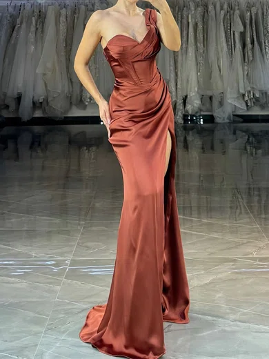 Sheath/Column One Shoulder Satin Corset Prom Dresses With Ruched #Milly020126363