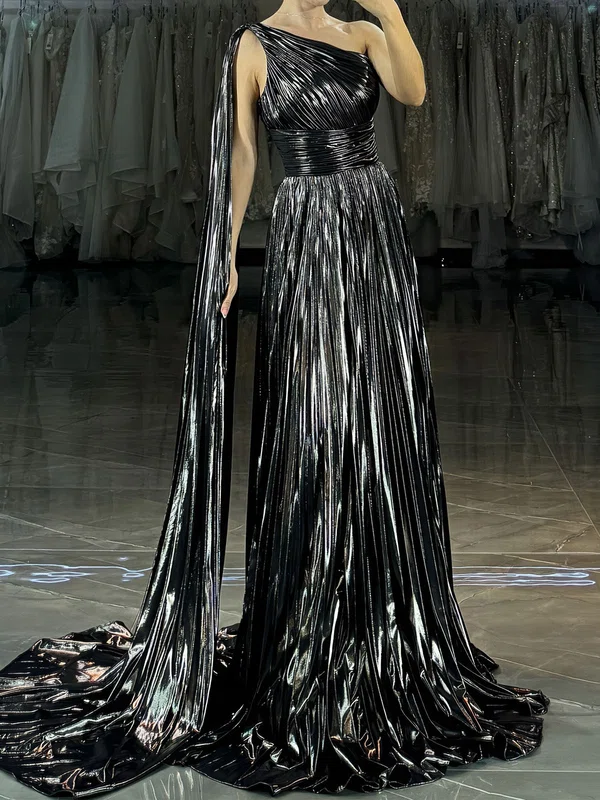 A-line One Shoulder Metallic Prom Dresses With Ruched #Milly020126364