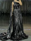 A-line One Shoulder Metallic Prom Dresses With Ruched #Milly020126364