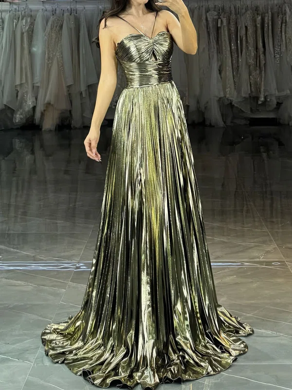 Sparkly A-line Metallic Halter Pleated Prom Dresses #Milly020126365