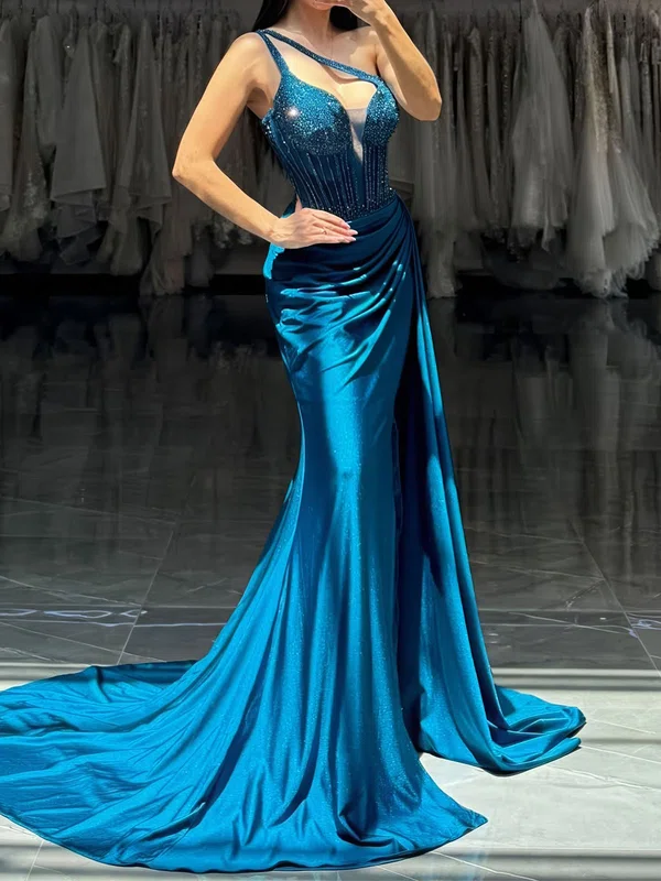 Mermaid One Shoulder Ruched Satin Prom Dresses With Beading #Milly020126368