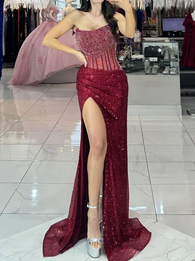 Sheath/Column Strapless Sparkly Sequin Prom Dresses With Beading #Milly020126373